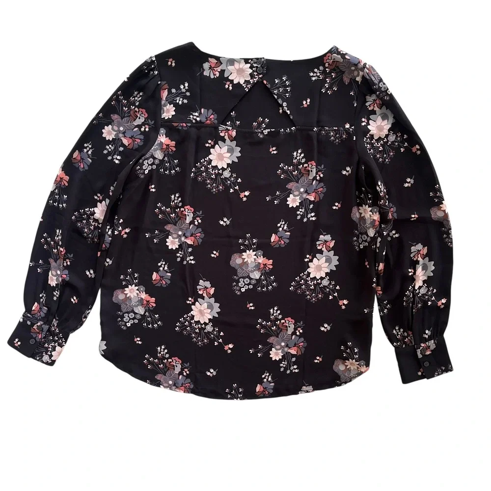 LOFT Women's S Black Pink Floral Bouquet Long Sleeve Cutout Casual Career Blouse